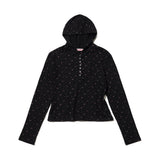 FLOWER WAFFLE BUTTON HOODIE - BLACK