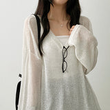 Flon Linen シースルーVネックロングスリーブTシャツ