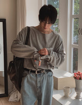 クリスボートネックルーズフィットボタン長袖Tシャツ