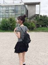 Asso Stripe Lace Puff Bolero Slim Short Sleeve T-Shirt