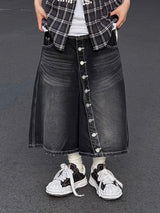 wrap button half denim pants