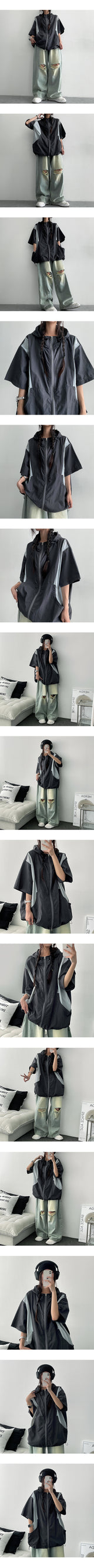 Mutual nylon coloring short-sleeved hooded zip-up
