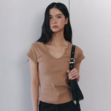 C 90S LINE SLIT NECK HALF-SLEEVE T-SHIRT_CAMEL
