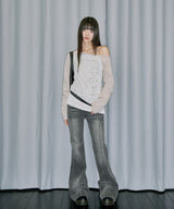 Cross Ornament Off Shoulder Raglan Long Sleeve - GRAY BEIGE