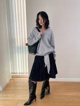 Dark blue raw cotton flared pleats midi skirt