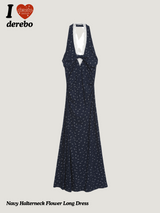 Navy Halterneck Flower Long Dress