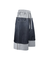 DENIM X SWEAT LAYERED ROLL UP SHORTS