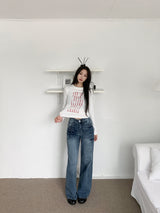 Rivet eyelet punching washed wide denim pants (Denim)