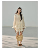 [SET] Eyelet Bell Sleeve Blouse & Mini Skirt Set