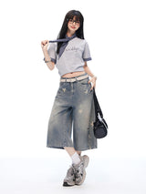 Vintage Star Print Washed Wide Cropped Denim Pants
