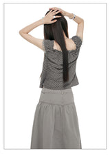 Lace-Up Plaid Faux Two-Piece Top