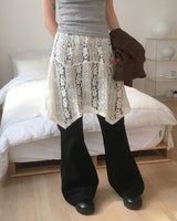 Dome lace see-through unbalanced layered midi skirt
