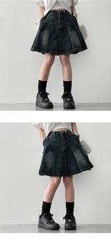 fluid washed pleats denim miniskirt