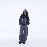 Curved Carpenter Crack Denim Pants Grey