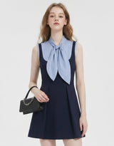 Estelle Ribbon Tie Pleats Mini Dress Sky Navy