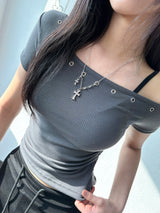 Hotcross Rivet Off-Shoulder Ribbed Crop T-Shirt 5color