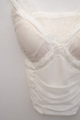 Lace-Trimmed Shirred Smocked Bra Top (White)