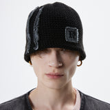 DENIM PATCHED KNIT BEANIE - BLACK