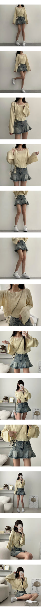 Pleated Unbalanced String Cropped Long-Sleeved Knitwear