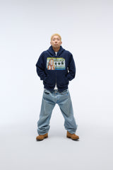 Sound wave artwork damage washing hoodie zip-up (Navy)