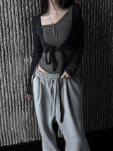 slub crop strap knit cardigan (4color)