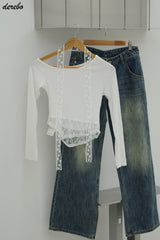 Lace Choker Scarf Unbalanced Long-Sleeved T-Shirt