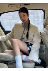 No Collar Round Tweed Loose Fit Jacket