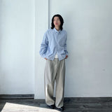 Striped Refreshing Textured Single Pocket Boxy Long Sleeve Shirt