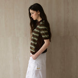 Striped Collar Short Sleeve Knit_Brown