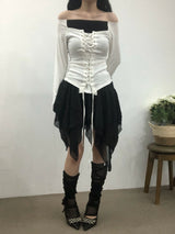 リボンコルセットオフショルダーTシャツ
