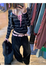 Pink strap striped striped long-sleeved t-shirt