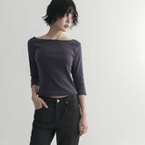  [Riabu] boat Neck Three-quarter sleeve cropped T-shirt - 4 color