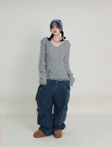 ラバーVネックダメージカットポイント長袖ニット (wool material)