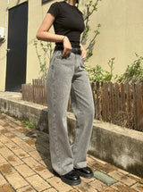 GRAY SEMI WIDE DENIM PANTS code 18113