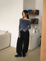 Tinted denim washed unbalanced off-shoulder t-shirt