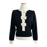 Quiet Bow Ribbon Trim Contrast Knit Long Sleeve Top