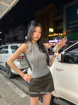 ハーフネックスカーフドットスリーブレスtシャツ