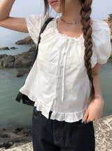 Beson Lace Button Ribbon Frill Blouse