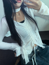 SCARF SET🧸SHRING RUFFLE SLICK POINT SLIM LONG SLEEVE T SHIRT 🧸🤍🖤🩶3COLOR