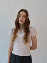 レースジップカラー半袖パフTシャツ(pink)