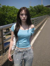 Danley Lip Neck One-Shoulder Raglan Short Sleeve T-Shirt