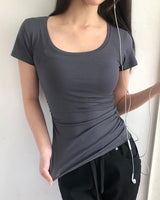 Ner Deep U-Neck Side Shirring Short-Sleeve T-Shirt