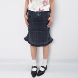 CONFUN 25SS distressed washed lace hem denim skirt