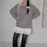 Hato Lace Ribbon Integrated Frill One-Shoulder Knitwear