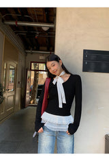 レースフリルスカーフ長袖Tシャツ