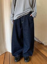 [unisex] Kidu Pintuck Raw Denim Wide Pants