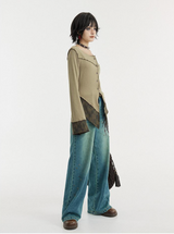 長袖ニッティドTシャツウィズベルスリーブアンドレトロスタイルパッチワークデザイン