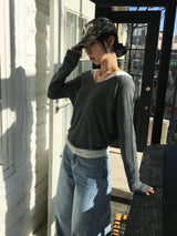 Deep V-neck see-through knit (6c)