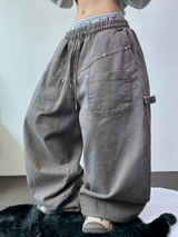 HIGH QUALITY🌌DOWN SNAP HIP PATCH RIVET PIGMENT BALLOON LONG PANTS 🤎3COLOR