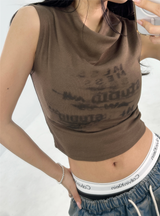 DAMAGE PRINT SLEEVELESS NECK SHIRRING TOP🤎🤍 - 2 COLORS